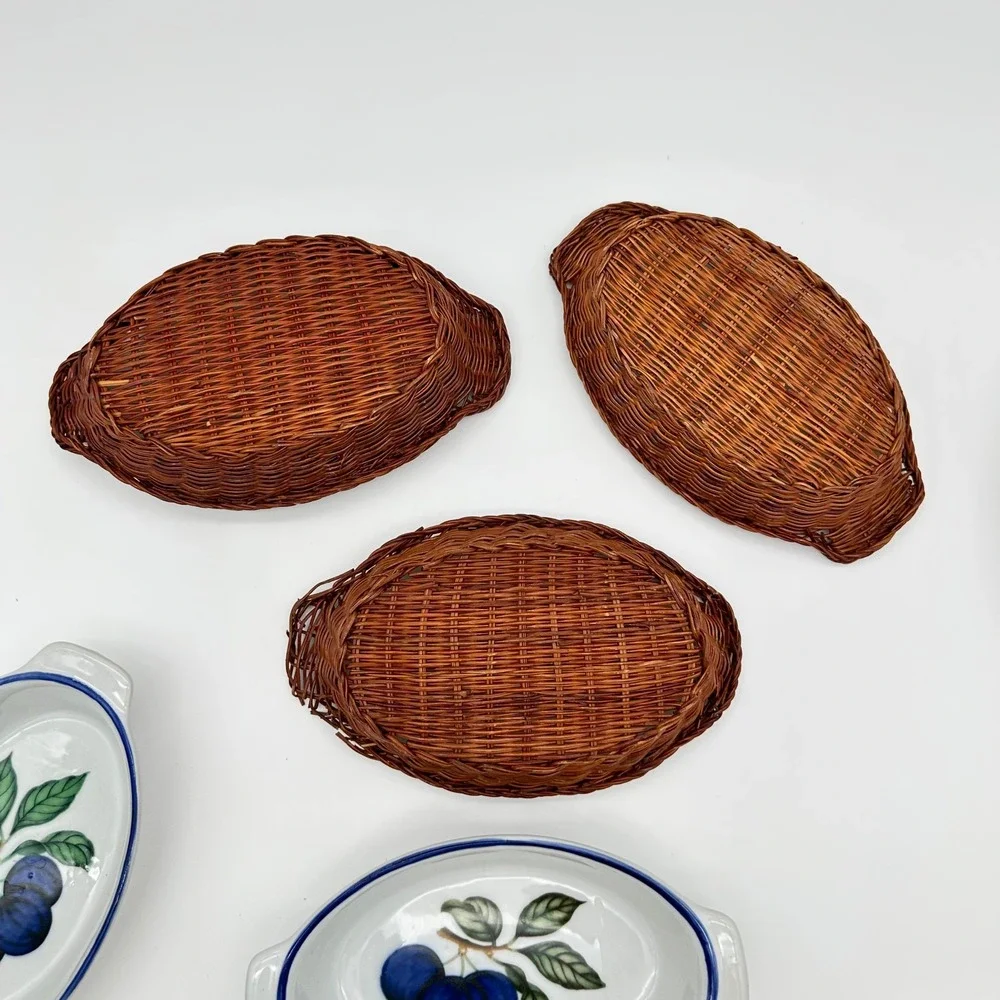 Vintage Ceramic Oval Au Gratin Baking Dishes Wicker Baskets Set 3 Blue Plum